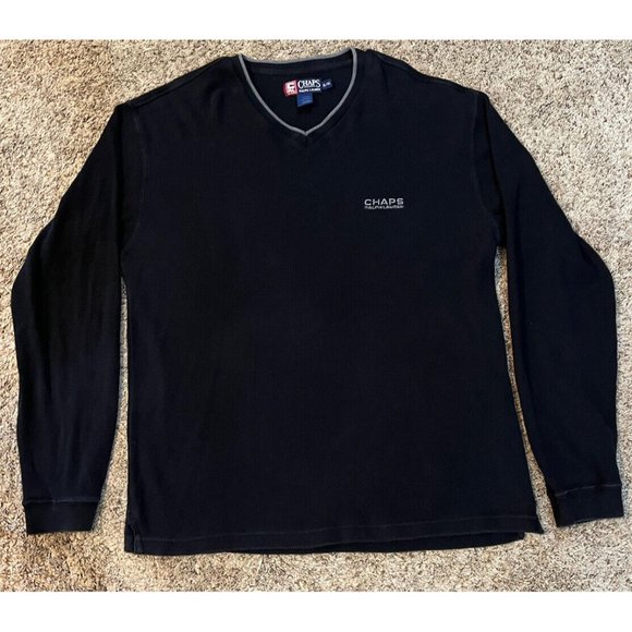 Chaps Mens V-Neck Ribbed Shirt Size XL Long Sleeve ~ Black - Picture 2 of 6